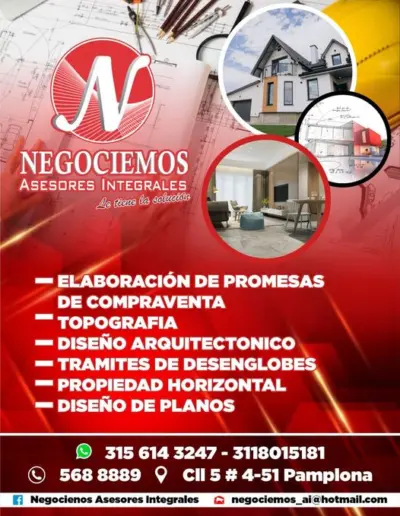 Consultorías Integrales en Pamplona, Norte de Santander: Descubre nuestros servicios especializados, desde elaboración de promesas de compraventa hasta topografía, diseño arquitectónico, trámites de desenglobes, propiedad horizontal y planos. En Negociemos, ofrecemos soluciones completas para tus necesidades inmobiliarias.